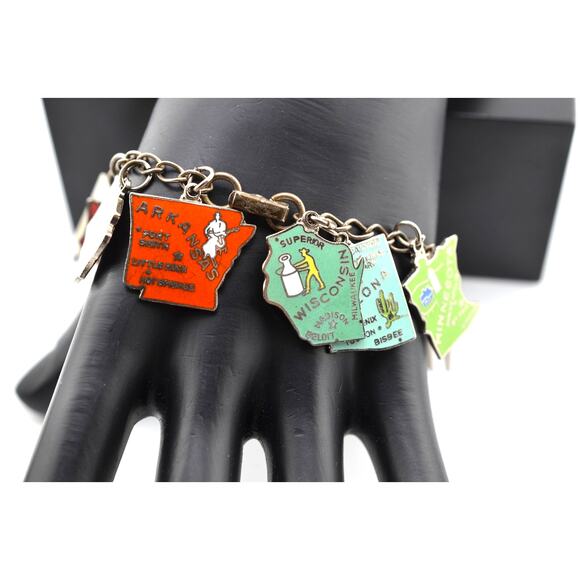 Vintage Enameled US States Charm Sterling Silver Bracelet - Picture 2 of 3